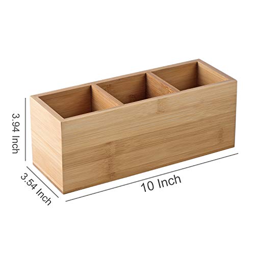 Bamboo Wood Pens Pencils Holder Cup for Desk Remote Control Holder, Caddy,Organizer,Desktop Storage with 3 Compartments,Makeup Brush Holder,Silverware Caddy for Party,Office Supplies (3 Grid)