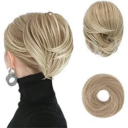 BARSDAR Straight Hair Bun Extensions - Short Straight Ponytail Blonde Hair Bun Extensions for Women, Synthetic Elastic Messy Bun Scrunchies Hairpieces Daily - Light Ash Blonde Mix