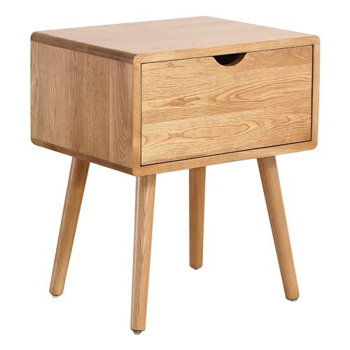 Image of Night Stand, Mid Century Modern Solid Oak Wood Nightstand with Drawers, Small Bedside Table Sturdy & Durable Easy Assembly 19.68 inch L x 15.74 inch W x 23.63 inch H (Natural)