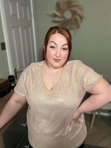 CARCOS Plus Size Sequin Top for Women Short Sleeve Party Blouse Evening Sparkle Shimmer V Neck Glitter Shirt Ladies XL-5XL2