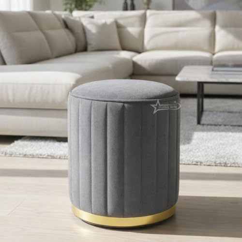 Image of Upholstered Round Linen Strip Stool Living Room Foot Rest Office Stool Pouf Ottoman Padded Seat - Grey