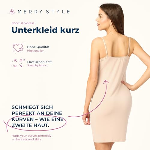 Merry Style Damen Unterkleid kurz Petticoat Knielänge einstellbare Träger MS10-203(Beige, S)