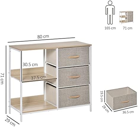 HOMCOM Chest of Drawers Storage Dresser Cabinet Organizer with 3 Fabric Drawers and 2 Display Shelves for Living Room, Bedroom, Hallway, Beige