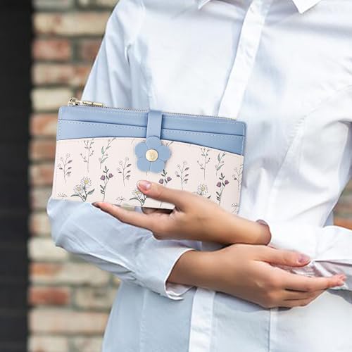 Image of Farcauo Long Floral Womens Wallet Cute Wallets for Women Blue Women's Wallet Kawaii Flower Card Wallets for Women Ladies