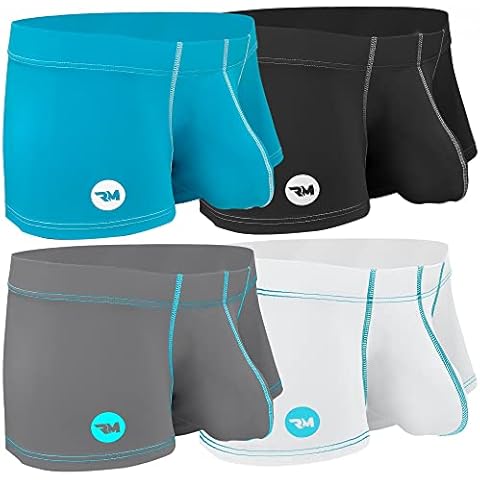 Real Men - Mens Bulge Pouch Boxer Brief Nylon Ice Silk 4 Pack - Well Endowed Enhancing Underwear, White Black Grey Cyan, Medium Cover