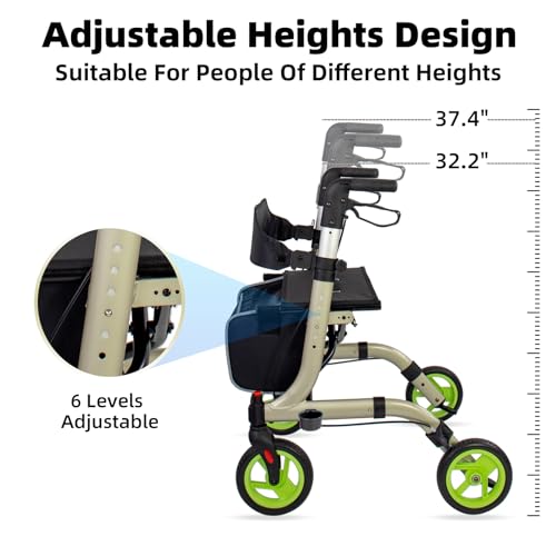 Rollator Walkers for Seniors- Rollator Walker with Cup Holder- Easy Folding Senior Walker with Backrest- Lightweight Mobility Walking Aid for Adult Elderly, Aluminum Frame, Champagne - Thumbnail 4
