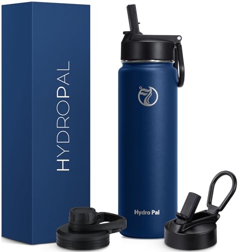 HydroPal Edelstahl Trinkflasche - 750ml, 1L, 1,2L, BPA-Frei, Kohlensäure geeignet, Isolierte flasche mit Strohhalm & 2 Deckel, Auslaufsichere Isolierflasche für Sport (Kobaltblau, 750 ml)
