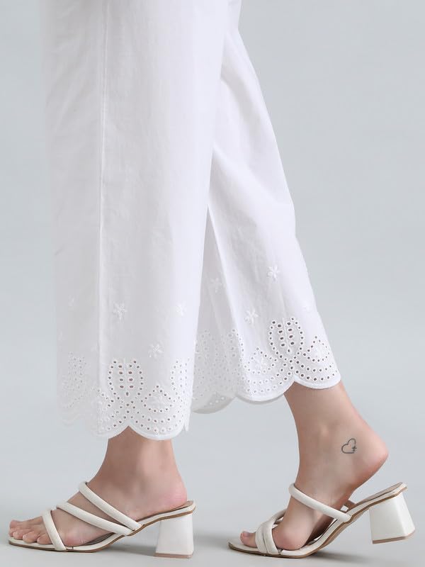 Image of GO COLORS Women's Cotton Hakoba Palazzo | Ankle Length, Schiffli Embroidery, Relaxed Fit, Mid-Rise with Side Pocket