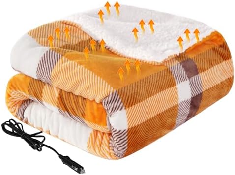 Westinghouse Heated Car Blanket with 3 Heating Levels, 4 Hours Auto Off, 12 Volt Electric Blanket for Car, Truck, SUV, RV, Machine Washable, 59" x 43" (Orange Buffalo Plaid)