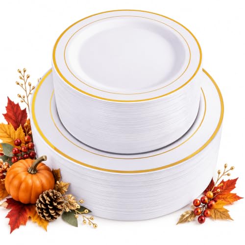 WDF 120 Pieces Gold Disposable Plastic Plates - White and Gold Plates Include Dinner Plate & Salad Plate for Party/Baby Shower/Wedding/Thanksgiving