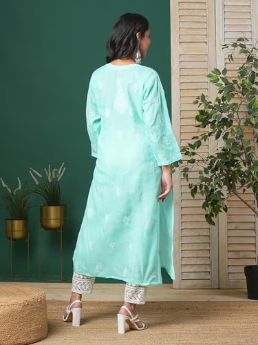 Image of Ada Hand Embroidered Lucknowi Chikankari Cotton Kurta for Women A133488 | Handcrafted lucknow chikan embroidery latest womens ethnic wear kurti tunic for office work wear