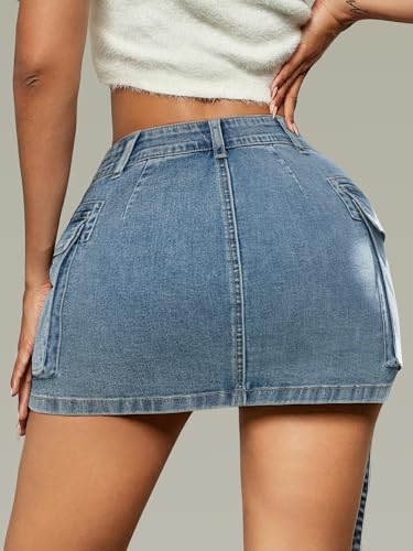 Women Cargo Skirt Denim Mini Low Waist Y2K Jean Skirts with Pockets2