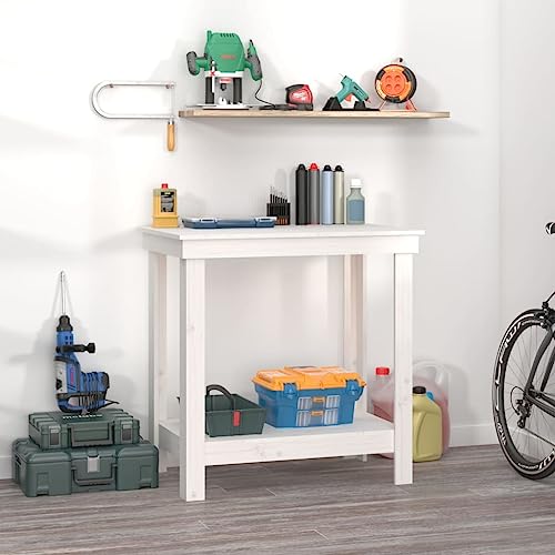 Werkbank aus Holz, Arbeitstisch mit 1 Ablage, Hobelbank, Montagetisch für Garage, Werkstatt und Schuppen, 80 x 50 x 80 cm, Massivholz Kiefer
