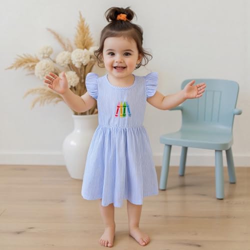 Girls Fly Sleeve Crew Neck Stripes Embroidery Casual Summer Dress2