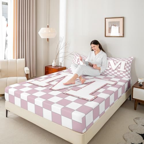 Image of Erosebridal Pink Initial M Sheet Set Full Kawaii Plaid Checkered Bed Sheets Cute Personalized Monogram Bedding for Kids Girls Teen Women,Fashion Grids Gingham Bed Sheets Set 4 Piece