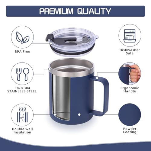 Volhoply 12oz Insulated Leakproof Coffee Mug with Flip & Straw Lid,Double Wall Vacuum Stainless Steel Travel Cafe Tumbler Cup with Handle,Reusable Camping Mugs Keep Cold/Hot(Navy,1 Set) by Volhoply - Used condition - Image 3