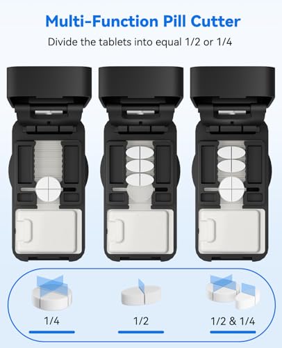 Image of Pill Cutter Splitter for Small and Tiny Pills - Professional 1 /2 1 /4 Pill Splitter with Adjustable Centering Slot, Accurately Cut Multiple Tablets with Safety Blades & Silicone Storage Box (Black)