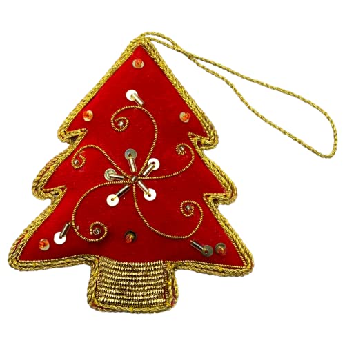 Zari Adorno de Navidad, árbol rojo, bordado Zardozi, bolsa de regalo, fabricado en la India