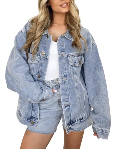 Kedera Women's Oversized Jean Jacket Long Blue Denim Jacket Long Sleeve Button Down Trucker Jacket Shacket Fall Coats