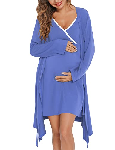 Image of SWOMOG Womens Maternity Robe 2PCS Nursing Nightgown for Breastfeeding 3 in 1 Labor Delivery Nursing Robe Set Lace Bathrobe Lavender