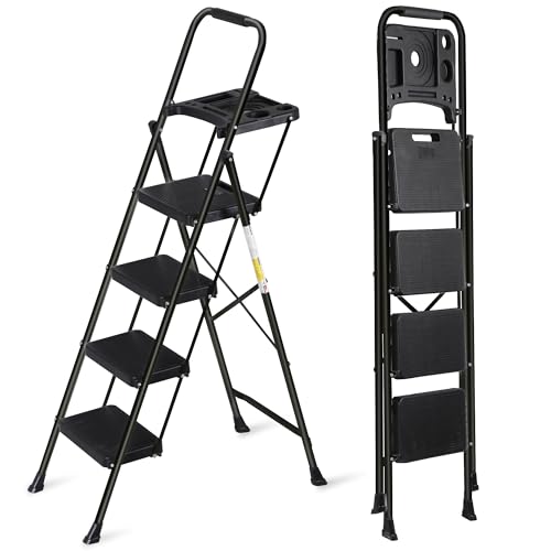 SEGAWE 4-Step Ladder with Tool Tray, Folding Step Stool with Wide Anti-Slip Pedal, Heavy Duty Steel 330 lbs Load Capacity for Home, Attic, Office, Garage, Shop, Black