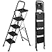JungleA Step Ladder 4 Step Folding with Tool Tray, Wide Non-Slip Pedal and Sturdy Steel Construction Step Stool, 330 lbs Portable Ladders for Home, Attic, Office & Garage, Black