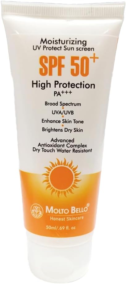 Molto Bello | Moisturizing UV | Protect Sunscreen| SPF 50| High Protection| PA+++| Non Greasy, Quick Absorbing| Water Resistant| For Oily, Sensitive, Dry Skin| UVA/B & Blue Light Protection| 50ml