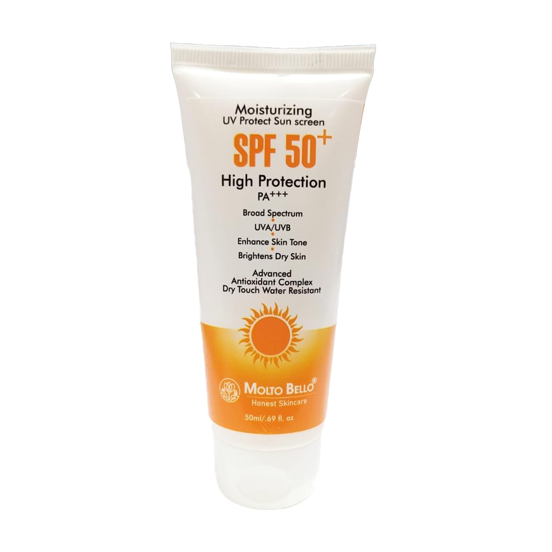 Molto Bello | Moisturizing UV | Protect Sunscreen| SPF 50| High Protection| PA+++| Non Greasy, Quick Absorbing| Water Resistant| For Oily, Sensitive, Dry Skin| UVA/B & Blue Light Protection| 50ml