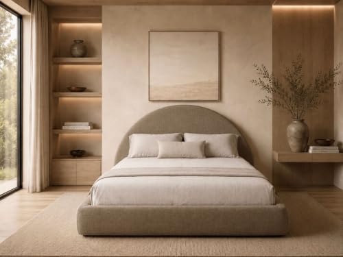 Image of New Round Bed Upholstered Bed Frame -Washable Zip Cover, Modular Minimalist Modern Design Soft Foam Platform Bed, Half Circle Sold Separately (Taupe Linen Premium, King Headboard)
