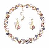 Yonhi Glass Pearl Necklace and Earring Set,Collar De Perlas Para Mujer,Faux Pearl Jewelry Set for Women (Gold)