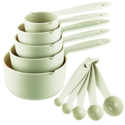 SUNMVEHOT Plastic Measuring Cups and Spoons Set 10, Kids Plastic Measuring Cups and Spoons Set for Kitchen & Baking, Engraved US & Metric Measuring Cup & Spoon for Cooking Measure Use Green