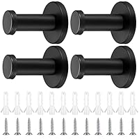 qiwuhai 4-Piece Round Black Clothes Hooks Set, Stainless Steel Towel Hooks, Metal Wall Mounted Coat Hooks, Wardrobe Hooks with Screws for Bathroom, Kitchen, Bedroom - 50mm/2inch