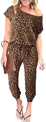 ANRABESS Women's Leopard Print Jumpsuit Short Sleeve Off Shoulder Crewneck Casual One Piece Tracksuit Rompers A203kaqixiaobao-M