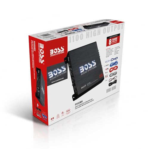 BOSS Audio Systems R1100MK Monoblock Car Amplifier and 8 Gauge Wiring Kit - 1100 High Output, High Low Level Inputs, Low Pass Crossover