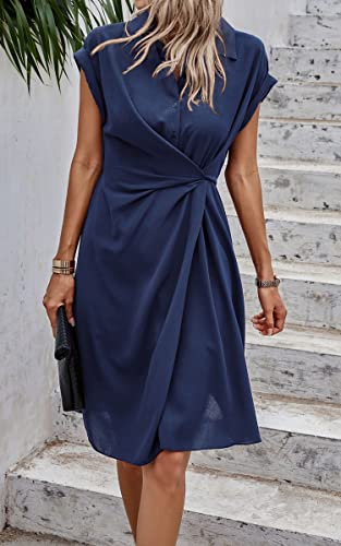 Image of ECOWISH Womens Casual Midi Dresses Solid V Neck Short Sleeve Button Shirt Belted Dress with Pockets for Spring Summer 2026