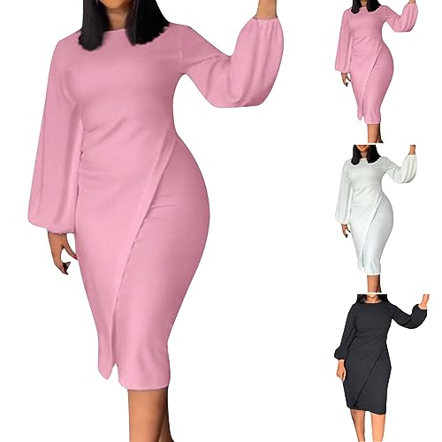 HGps8w Women's Bodycon Knee-Lenght Pencil Dress Elegant Lantern Long Sleeve Formal Office Work Midi Dresses2
