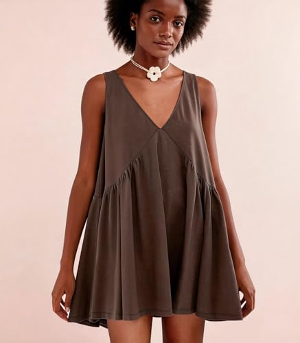 Image of Womens Babydoll Dress Summer Sleeveless Mini Dress Casual Loose V Neck Swing Flowy Beach Sundresses with Pockets