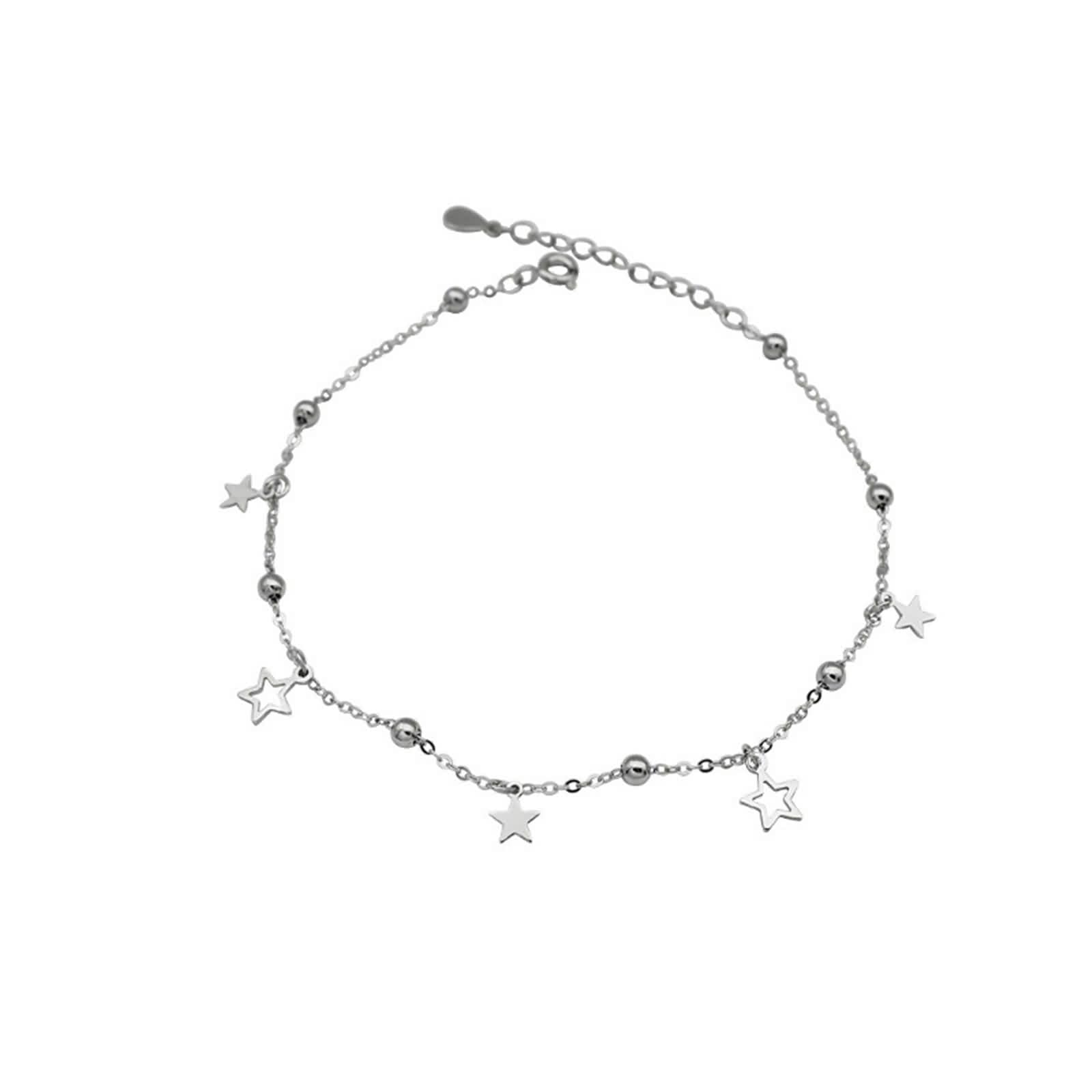 Cavigliera gotica in oro bianco 9 carati Au375, cavigliera gotica da ragazza, in oro 9 carati, con stella d'estate, spiaggia, per mamma e ragazza, lunghezza 23 cm