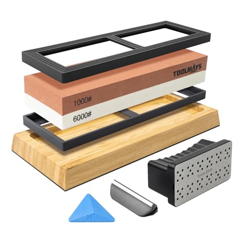 TOOLMAYS Piedra de Afilar Cuchillos 1000/6000 Grano 6-EN-1 | Base Antideslizante de Bambú, Guía de Ángulo y Piedra Correctora de Doble Cara para Cuchillos de Cocina y Tijeras