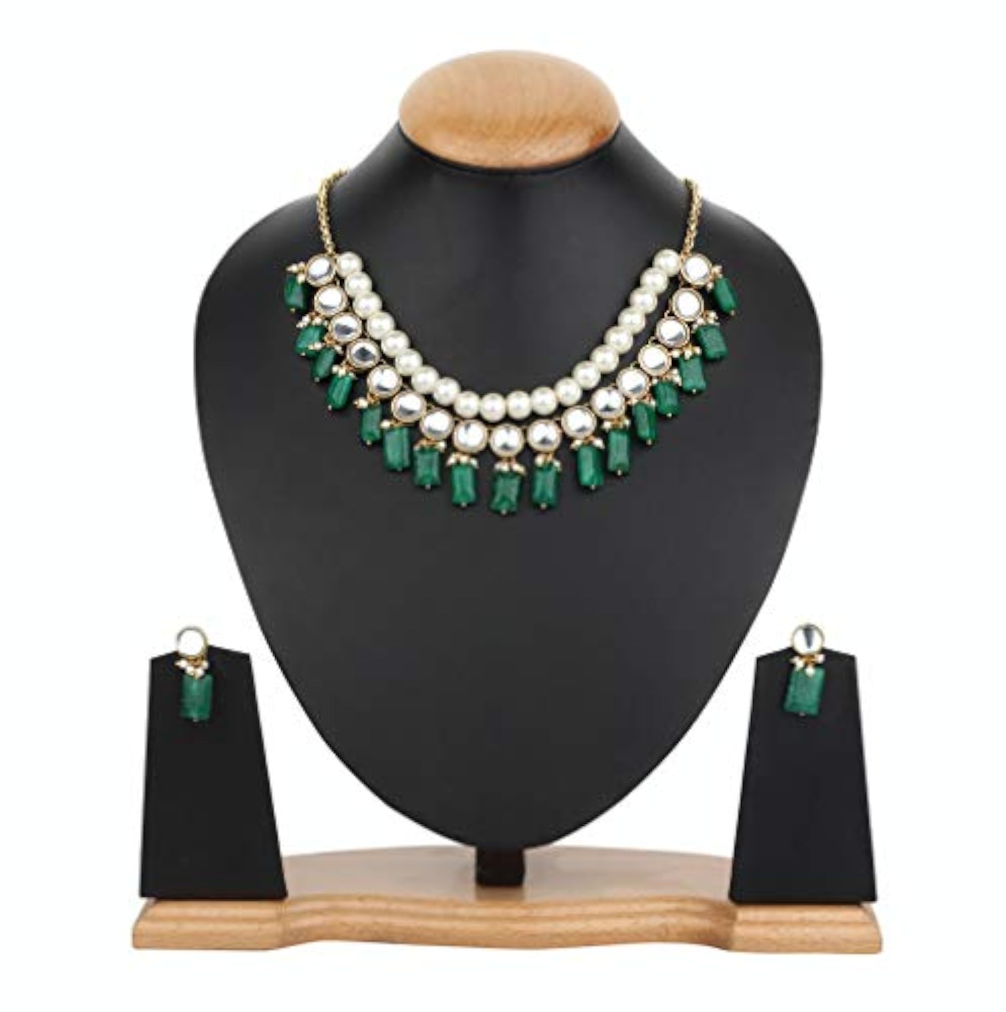 Green Semi Precious Stone Kundan Necklace with Matching Earrings