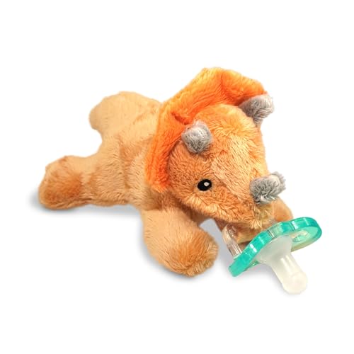 Image of RaZbaby RaZbuddy Stuffed Animal Pacifier Holder for Newborns & Up, Made in the USA, Detachable Orthodontic JollyPop Pacifier, Medical-Grade 100% BPA-Free Silicone, Baby Shower, 0 Months+ (Triceratops)