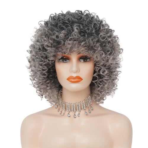 Siudus Grey Short Curly Wig for Black Women 70s 80s Afro Synthetic Kinky Curly Wig with Dark Roots for Daily Party Use