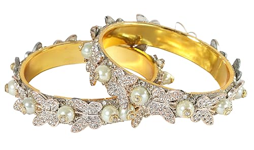 Image of LAVAZZA Stylish Butterfly Design Golden Metal with Zircon Diamond & Pearls Moti Bangles Kada For Women & Girls | Traditional Girl's Bangles Bracelet | Women's Kangan Wedding, Party-Set of 2