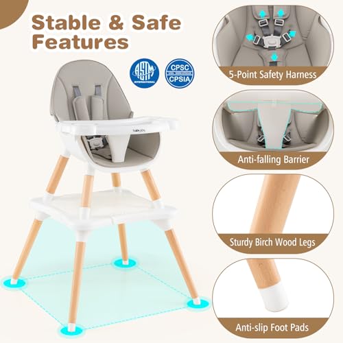 Image of BABY JOY 6 in 1 High Chair, Convertible High Chairs for Babies and Toddlers /Booster Seat /Table and Chair Set, Infant Wooden Highchair w / 5-Point Harness, 4-Position Removable Tray & PU Cushion (Gray)