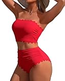 Charmo Strapless High Waisted Bikini Sets for Women Tummy Control Scallop Bandeau Swimsuit Two Piece Bathing Suit Red M