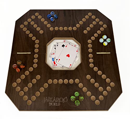 Jackaroo World Board Game - Wooden Board Foldable and Open in The Middle - Strategy, Competitive, Fun 2-4 Player Marble and Card Game for All Ages (Walnut)