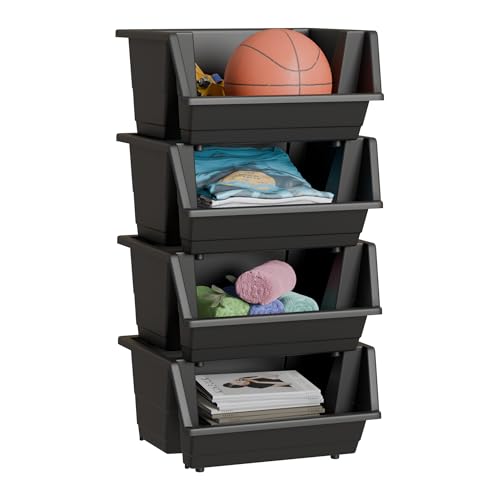Knight 40L Stackable Plastic Storage Boxes | Multi-Purpose Stacking Storage Containers for Home, Office & Garage | Storage Bins for Clothes,Toys, Tools & Household Storage (Matt Charcoal, Set of 4)