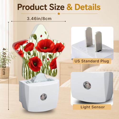 Image of Star Night Light with Dusk to Dawn Sensor, Red Flowers Plug in Night Light for Kids Bedroom Nursery, Soft Warm Glow Lamp for Hallway Bathroom Energy Saving