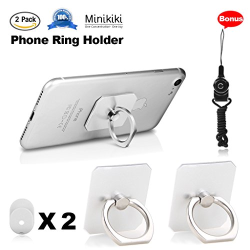 MiniKIKI Phone Finger Holder, 2 Packs Phone Ring Stand Holder, Smartphone Holder, Phone Ring Holder, 360° Rotation Phone Finger Grip, Phone Kickstand, 1 Lanyard As Bonus, for Phone, iPad (Silver)
