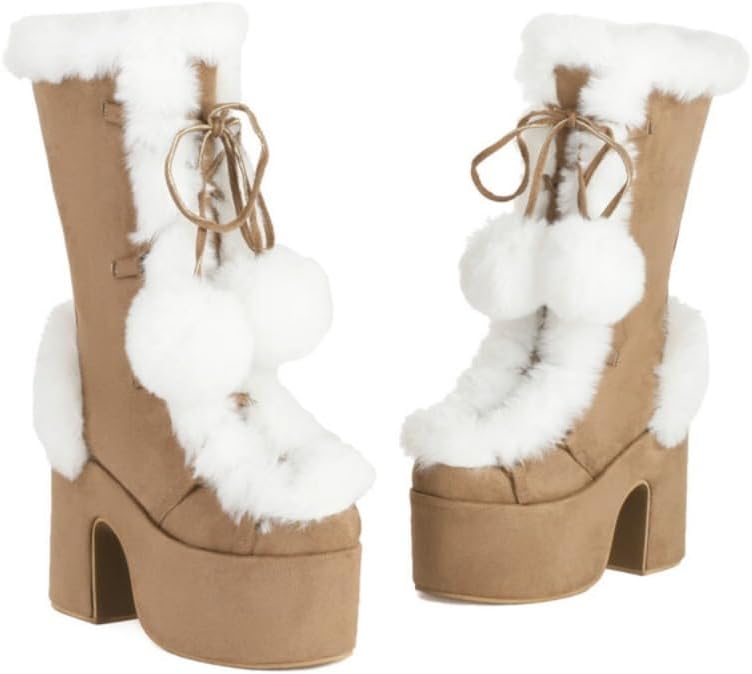 Rave Fur Boots Y2K Women Platform Lolita, Faux Furry Fluffy Fuzzy Snow Winter Boots, Slip on Booties, Goth Emo Grunge Punk Cute Fashion Trendy, EDM Festivals Concert Parties Club, Christmas New Year